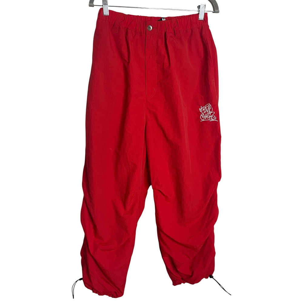 A'gem Tokyo Red Nylon Baggy Track Pants Streetwear Graffiti Character Patch